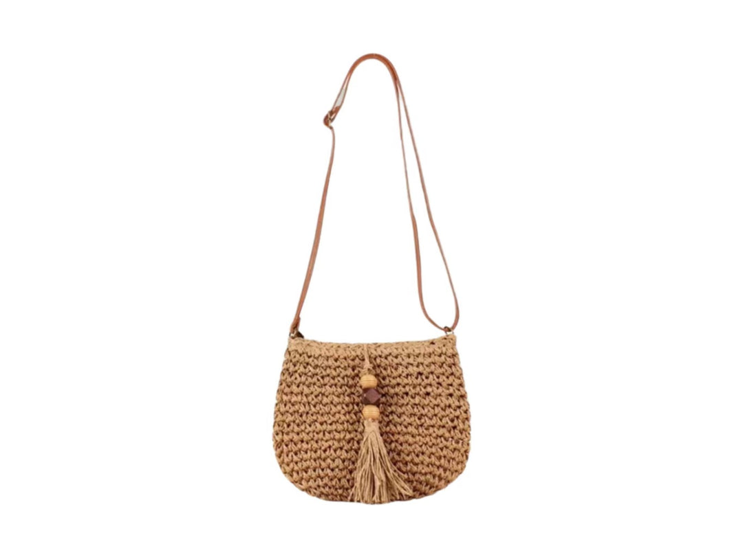 Handwoven shoulder bag with tassels and wooden details Bowlift