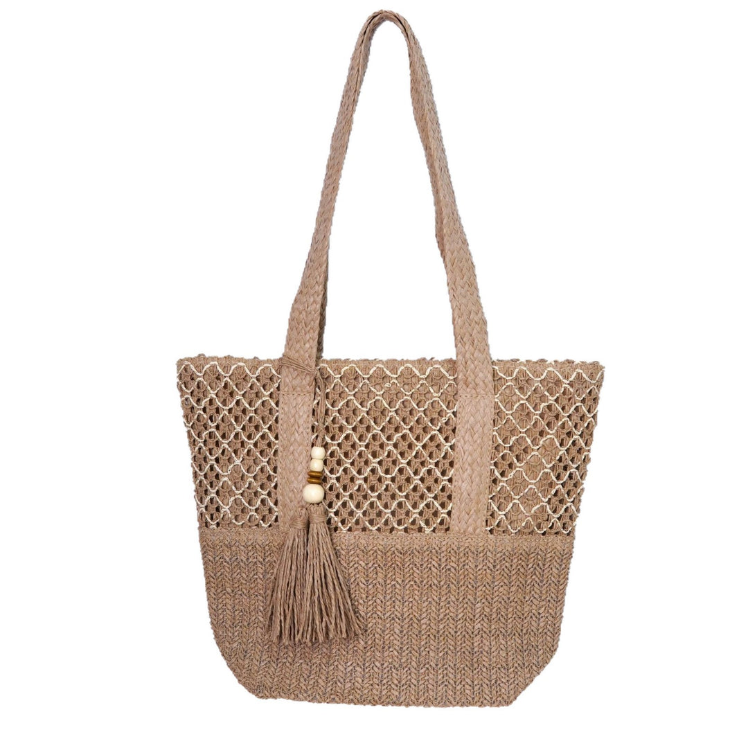 Beach bag with mesh structure and tassel details Bowlift