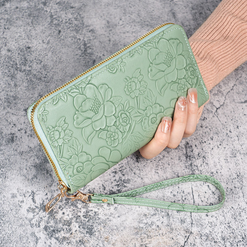 Embossed Floral Zip-Around Wristlet Wallet with Detachable Strap Bowlift