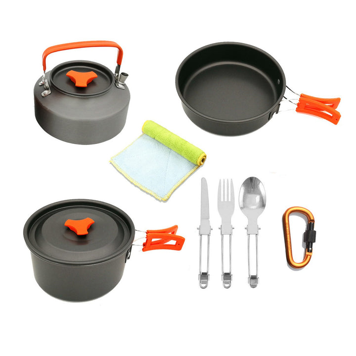 lightweight non-stick nesting camping cookware set with folding handles compact kettle pot pan and folding cutlery Bowlift