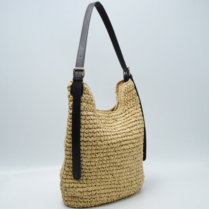 Braided Shoulder Bag Made of Natural Material with Elegant Leather Accents Bowlift