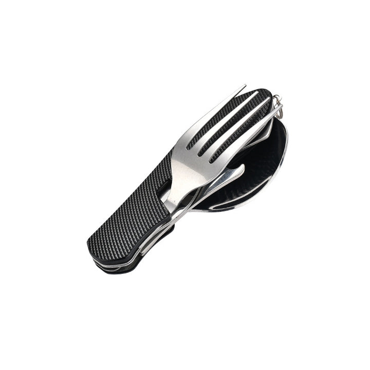 folding stainless steel camping cutlery set with textured grip locking hinge and compact travel clip Bowlift