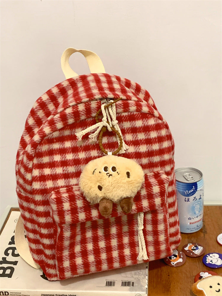 Cozy Checkered Plush School Backpack Bowlift