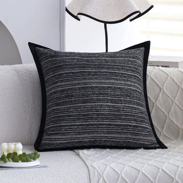 Rectangular linen look lumbar pillowcase with fine striped texture and tassels Bowlift