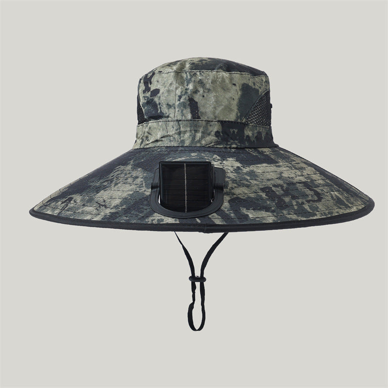 Wide-brimmed outdoor sun hat with solar-powered micro fan, breathable mesh and adjustable chin strap Bowlift