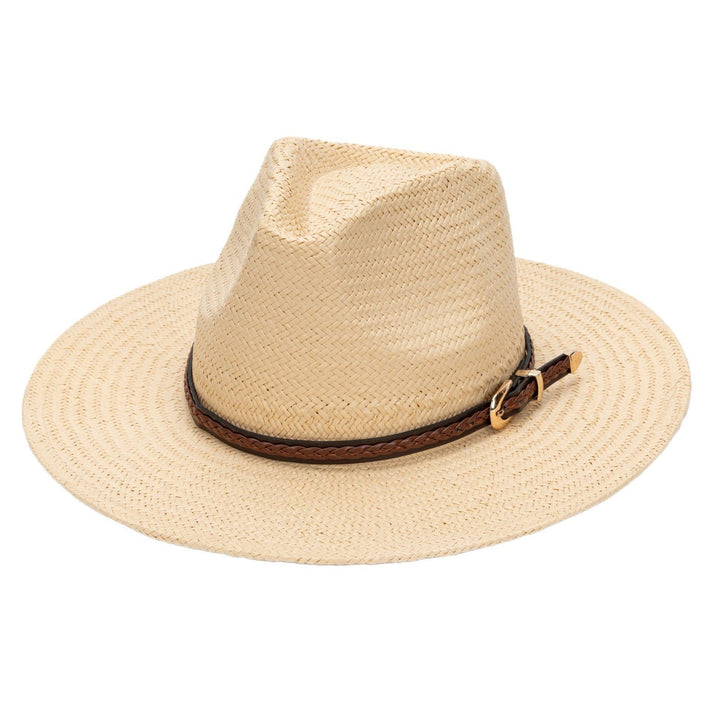 Straw Flat Brim Hat with Leather Trim | Bowlift