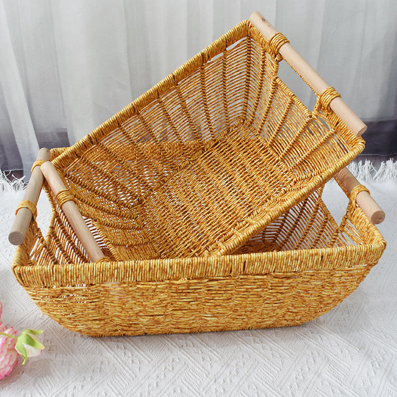 Handwoven Storage Basket with Wooden Handles Bowlift