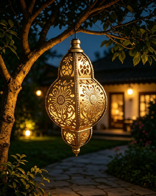Ornate Moroccan Cutout Metal Hanging Pendant Light With Decorative Shadow Projection And Ceiling Canopy Bowlift