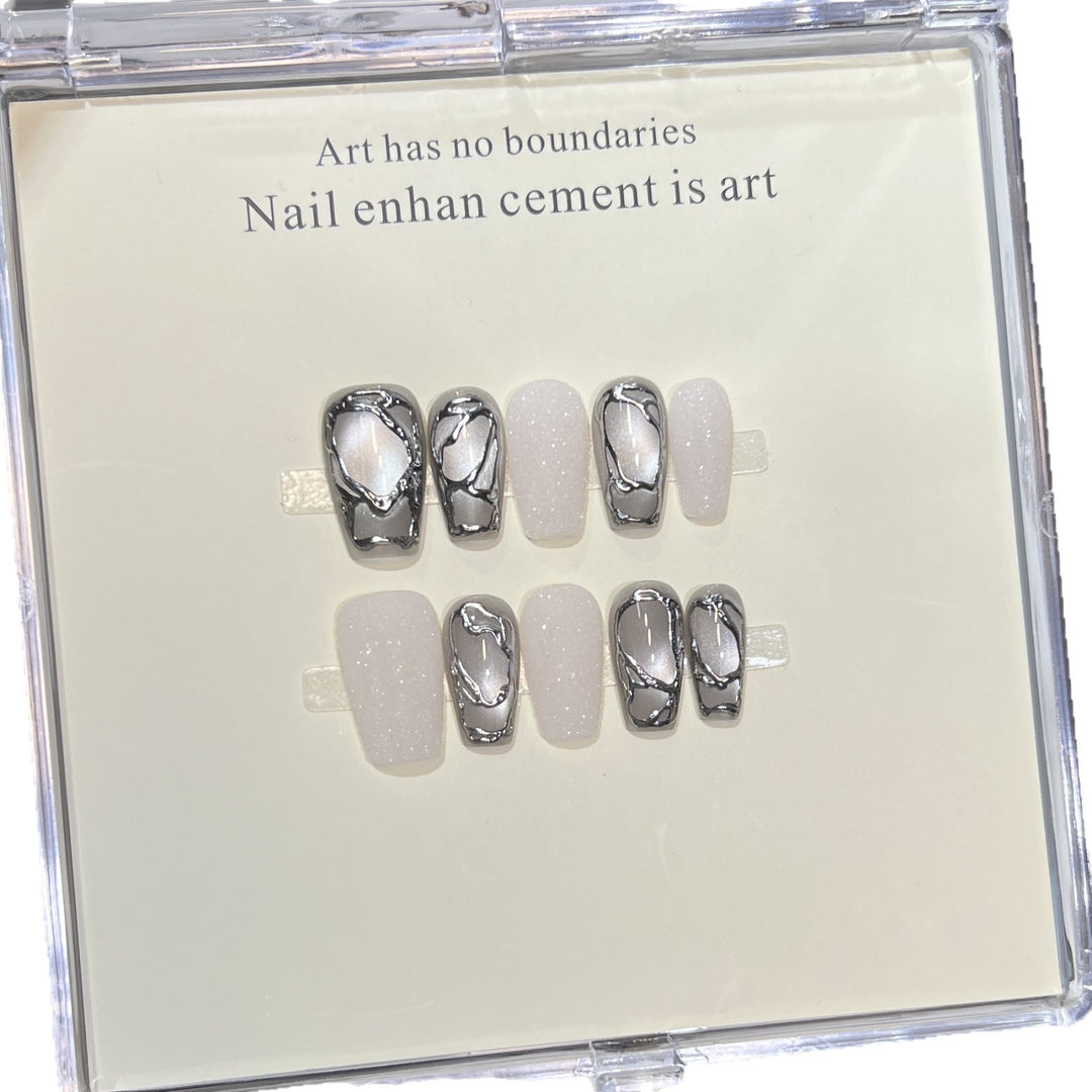 Elegant Acrylic Press-On Nail Art Set with Metallic Design Elements Bowlift