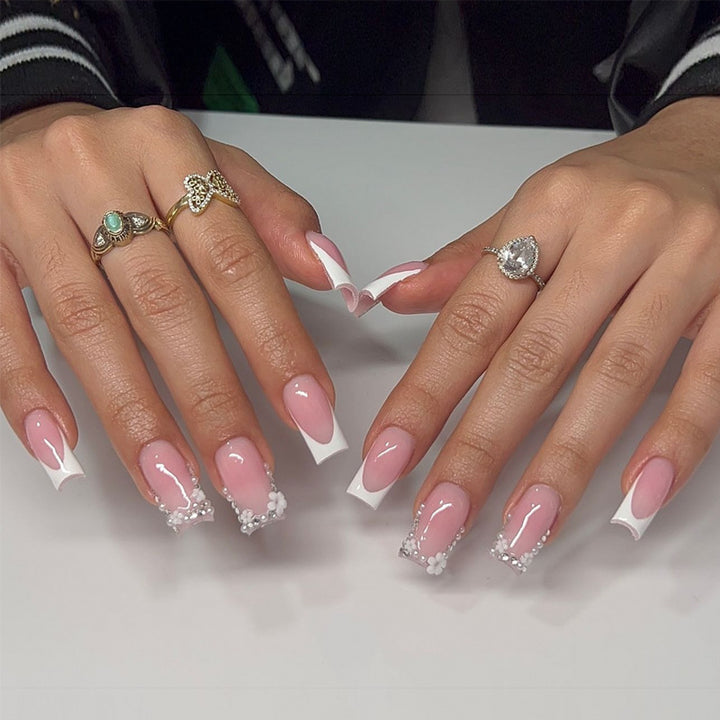 Press-On Nail Set with French Tip Design and Floral Accents Bowlift