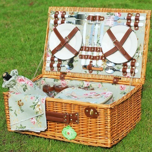 Ladies luxurious picnic basket with integrated crockery set and insulated cooler compartment Bowlift