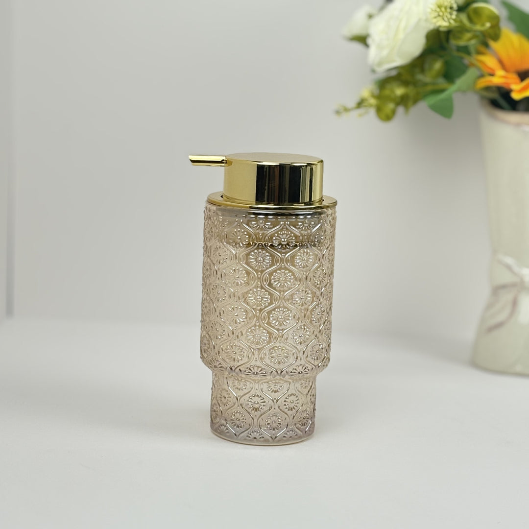 Embossed vintage glass vanity organizer set with pump dispenser and toothbrush cup Bowlift