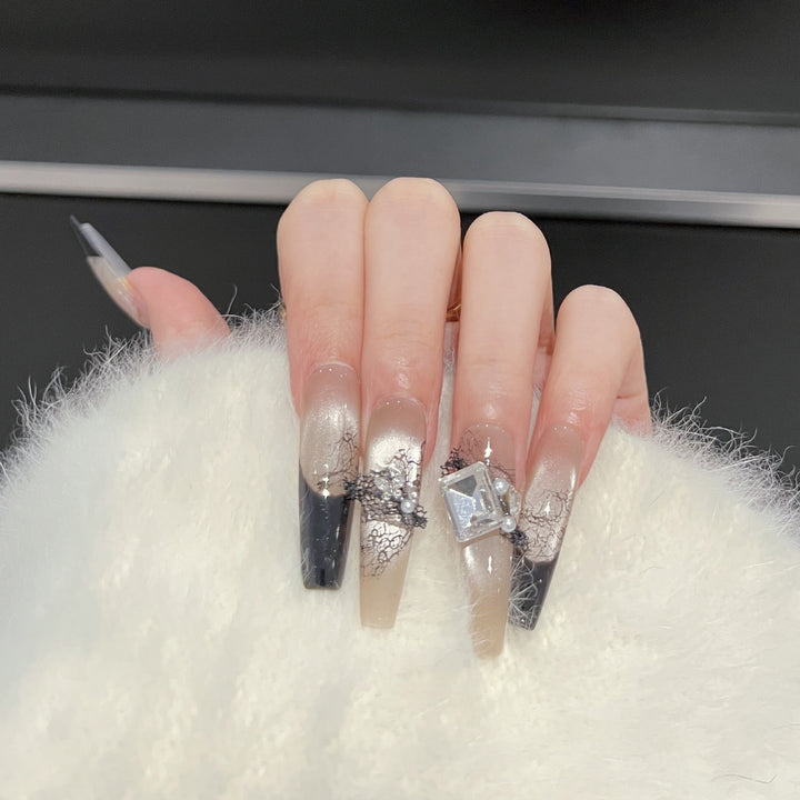 Artistic Press-On Nail Set with Unique Lace and Gemstone Accents Bowlift