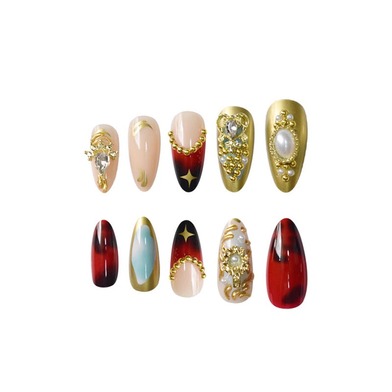 Artistic Decorative Press-On Nail Set with Gemstone and Pearl Accents Bowlift