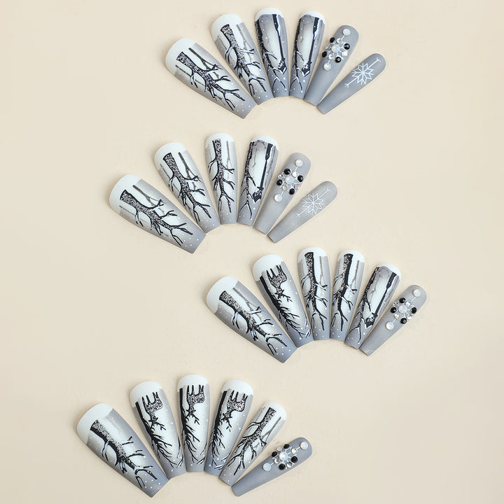Fashionable Press-On Nail Art Set with Elegant Winter Tree Design Bowlift