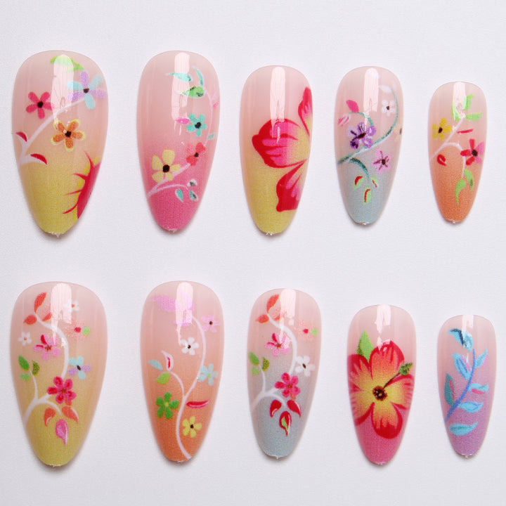Artifical nail set with floral design and colorful variety Bowlift