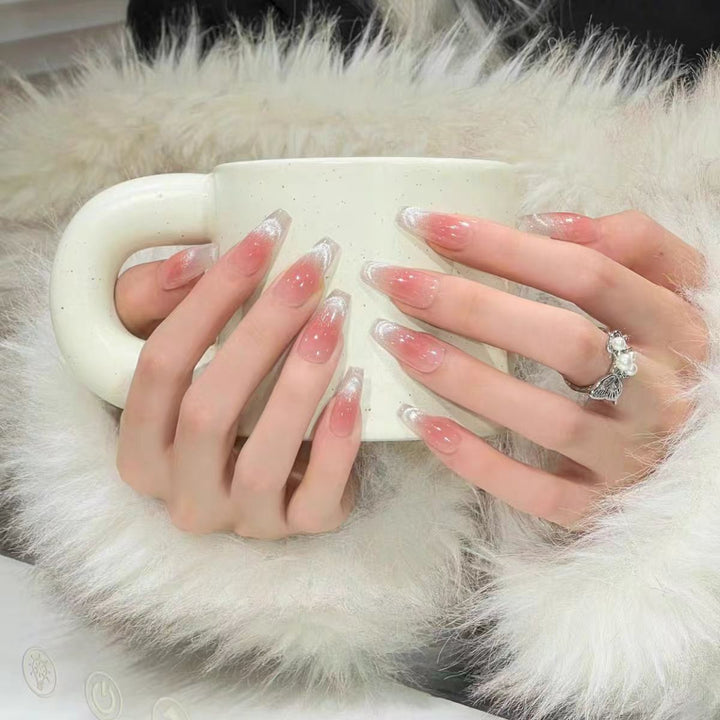 Elegant Artificial Nails with Sparkling Glitter and French Tip Design Bowlift