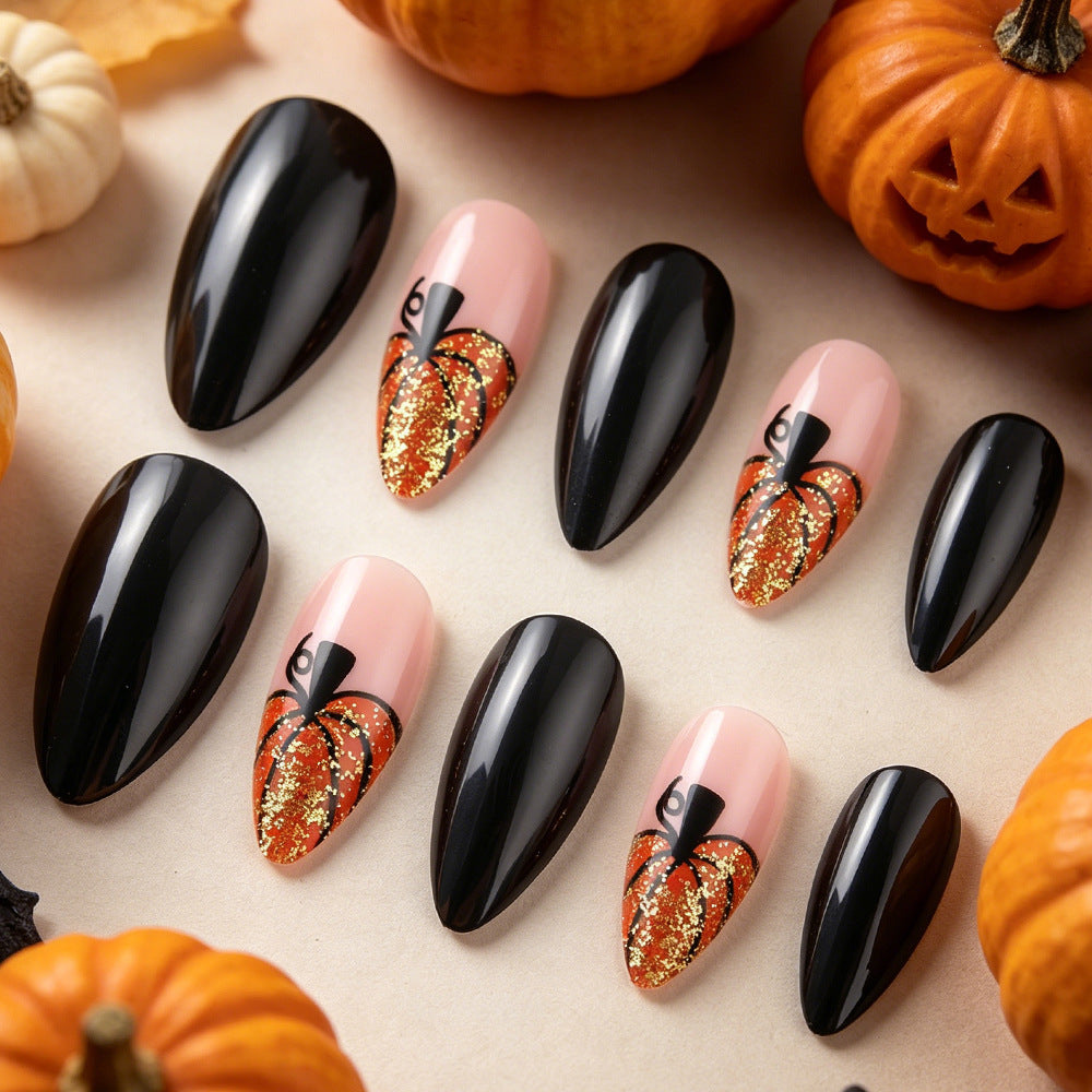 Pumpkin-Themed Artistic Press-On Nail Set Bowlift