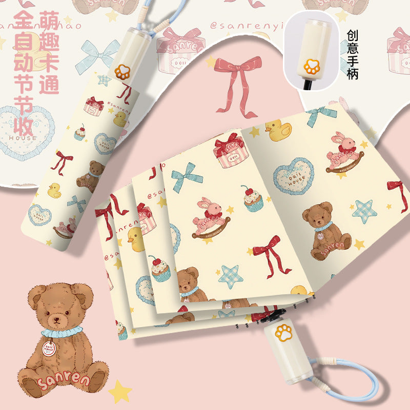 Women's folding umbrella with automatic opening mechanism and playfully themed design Bowlift
