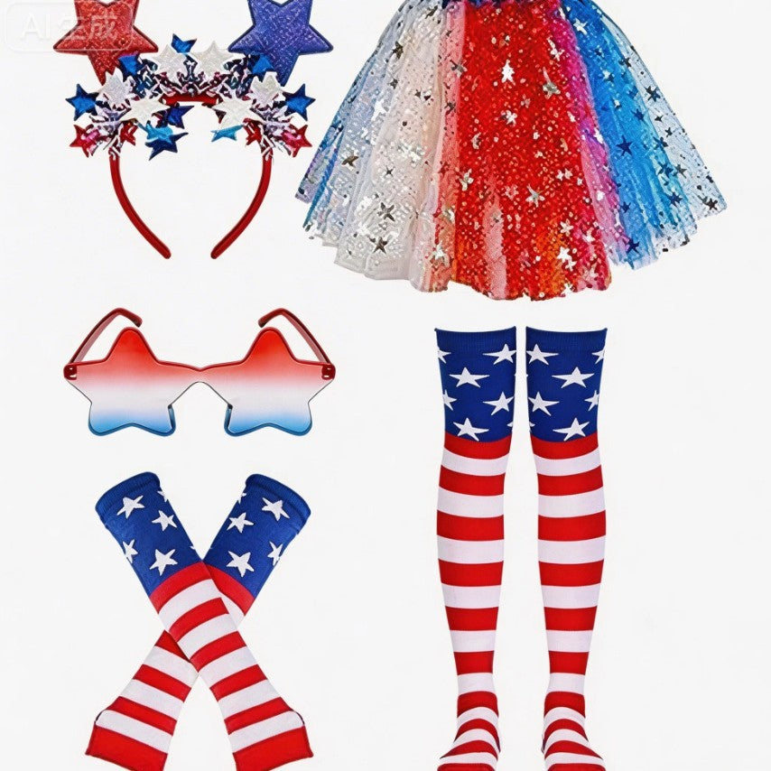 Women's patriotic carnival costume set with layered tulle skirt elastic waistband bow hairband thigh-high stockings and arm warmers Bowlift