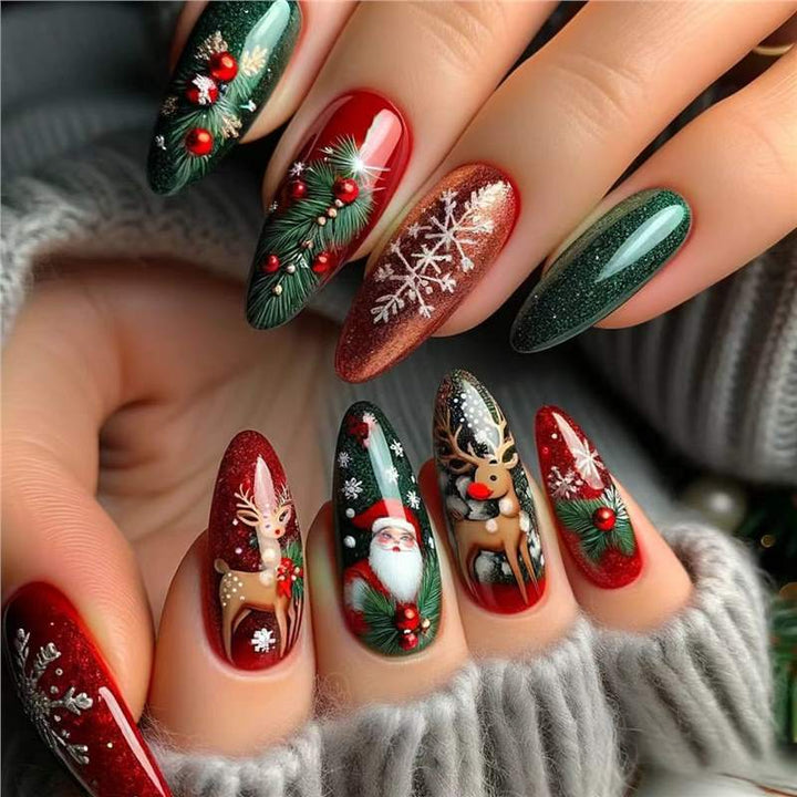 Festive Holiday-Themed Press-On Nail Art Set Bowlift
