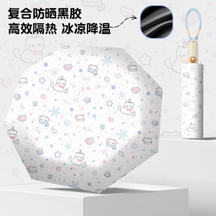 Women's folding umbrella with automatic opening mechanism and playfully themed design Bowlift