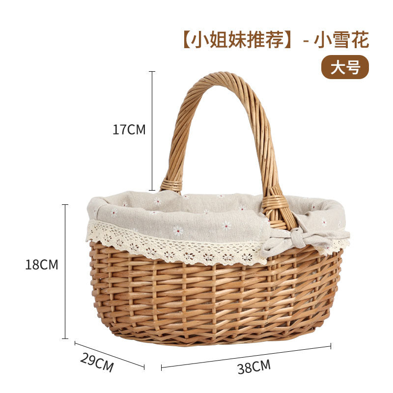 Women's braided basket with checkered fabric insert and decorative lace embellishment Bowlift