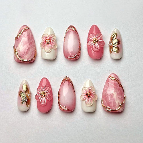 Artificial nail set with elegant flower and glitter details Bowlift