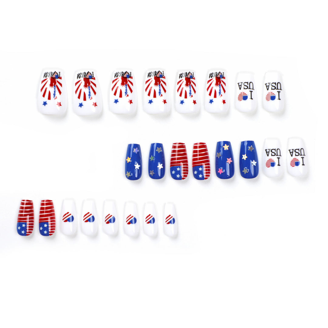 Women's nan long glossy patriotic press-on acrylic nails set with star and flag decals Bowlift