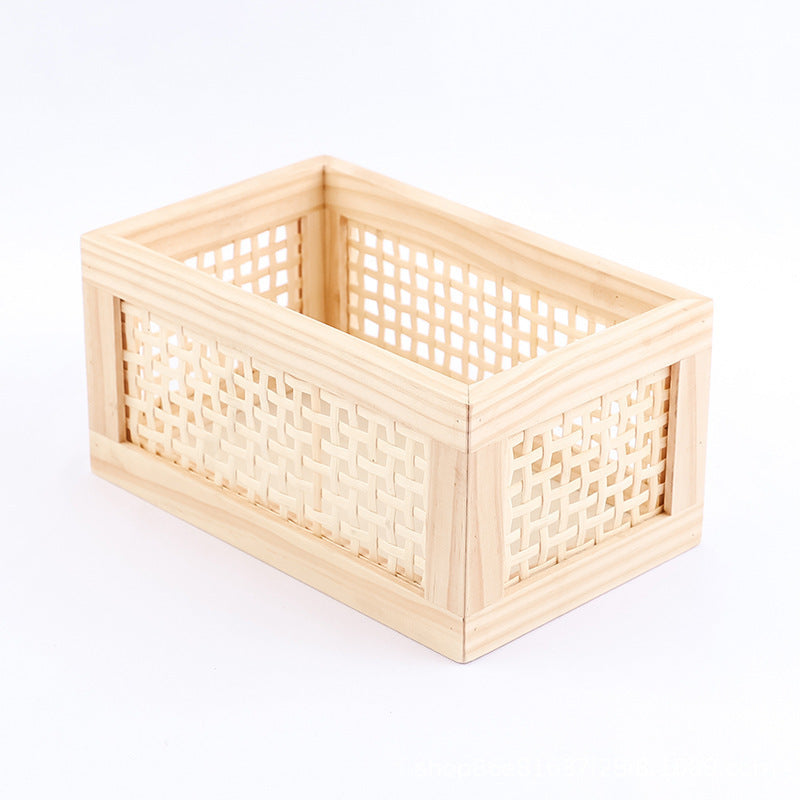 Wood storage box with decorative mesh elements