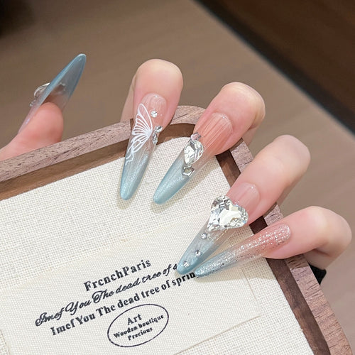 Artistic Crystal-Embellished Press-On Nail Art Bowlift