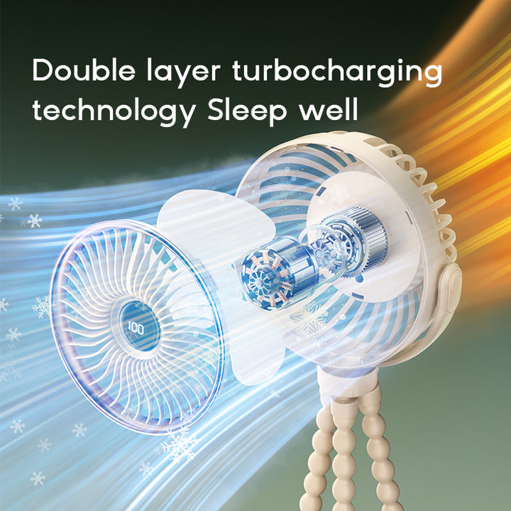 Unisex portable rechargeable clip fan with digital display, flexible clamp and multi-stage speed control Bowlift