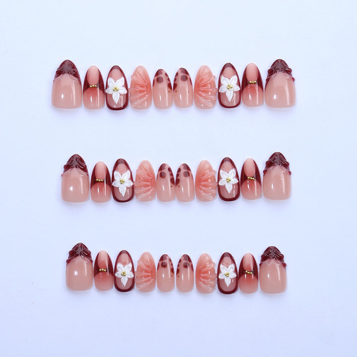 Artificial nail set with floral 3D applications and elegant gradient design Bowlift