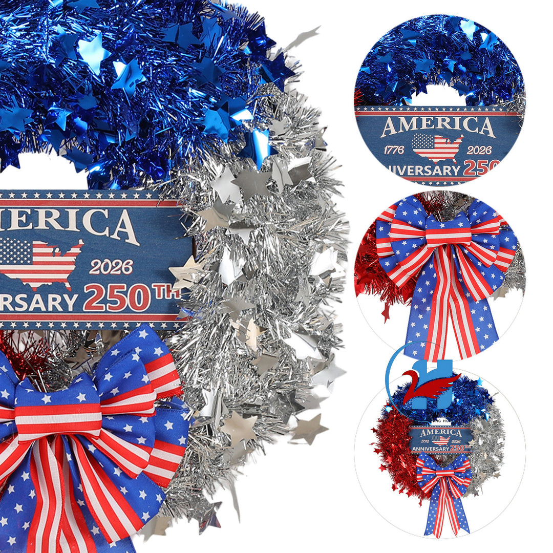 Unisex nan more patriotic door wreath made of tinsel with star embellishments and large bow Bowlift