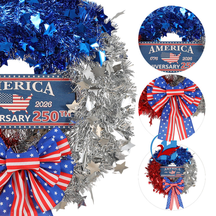 Unisex nan more patriotic door wreath made of tinsel with star embellishments and large bow Bowlift