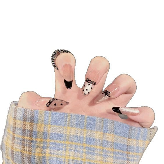 Artistic Press-On Nail Set with Unique Bow and Polka Dot Designs Bowlift