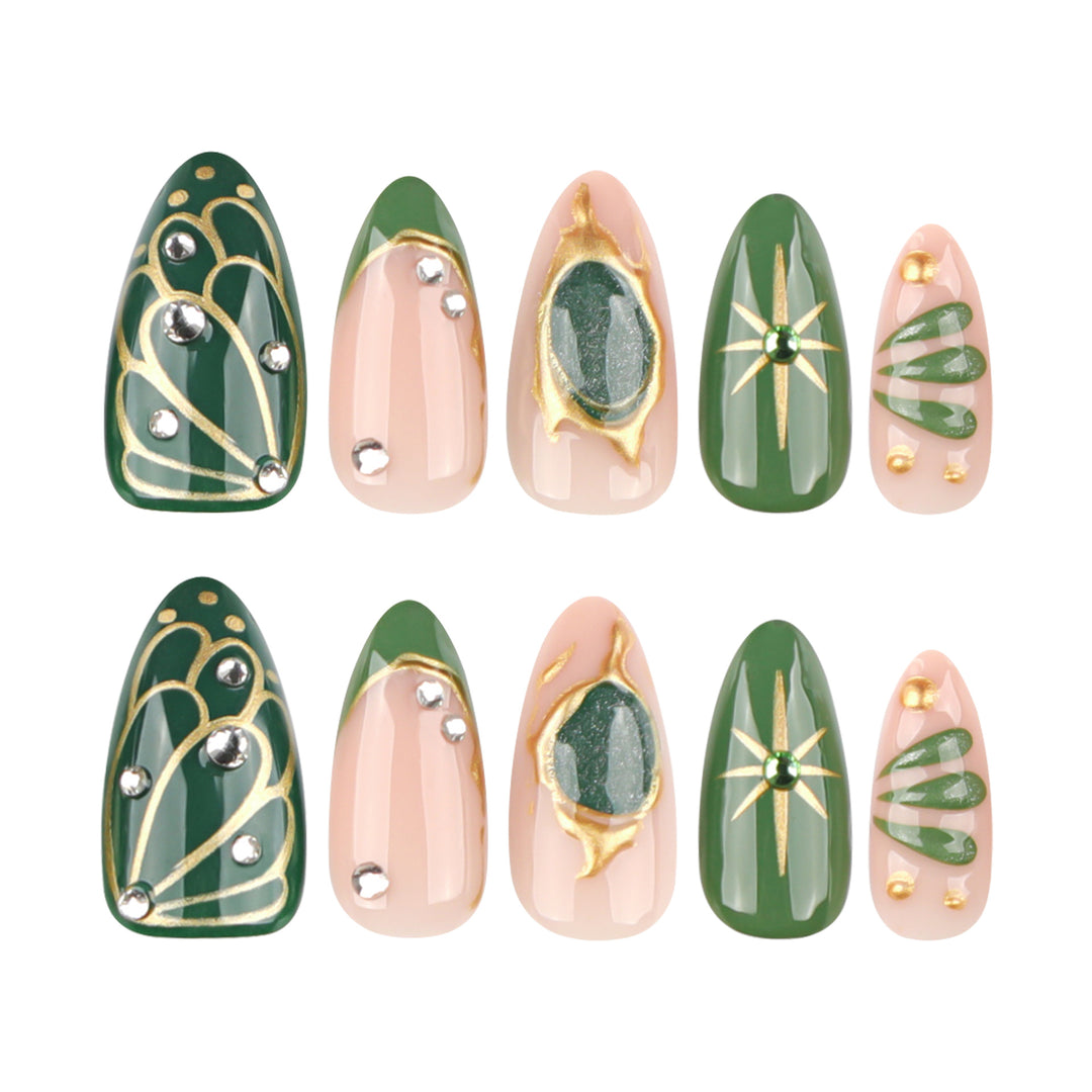 Artistic nail extensions with elegant gold and green shimmer Bowlift