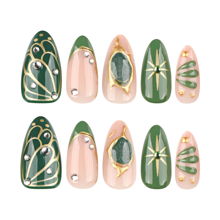 Artistic nail extensions with elegant gold and green shimmer Bowlift