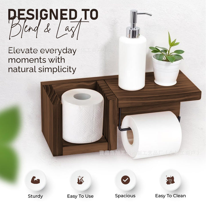 Wall-Mounted Wooden Toilet Paper Shelf Organizer with Metal Roll Holder and Storage Cubby Bowlift