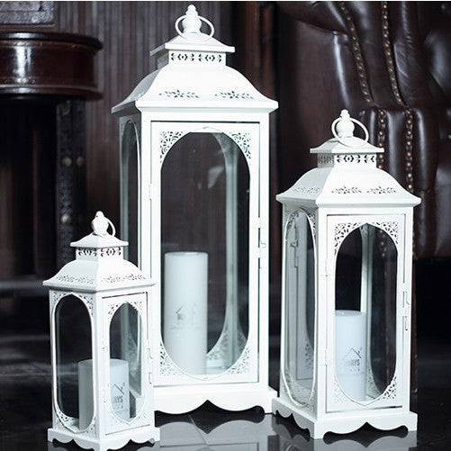 Nesting Coastal Ornate Metal and Glass Candle Lanterns for Tabletop Decor Bowlift