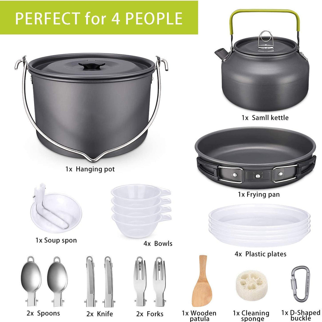 ultralight anodized aluminum camping cookware set with folding-handle kettle nesting pot and compact utensil kit Bowlift