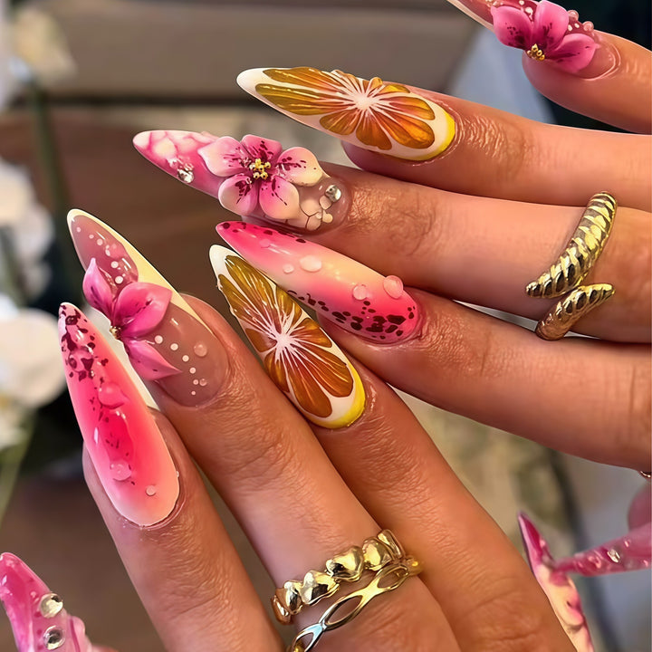 Floral Design Stiletto Nail Enhancements Bowlift