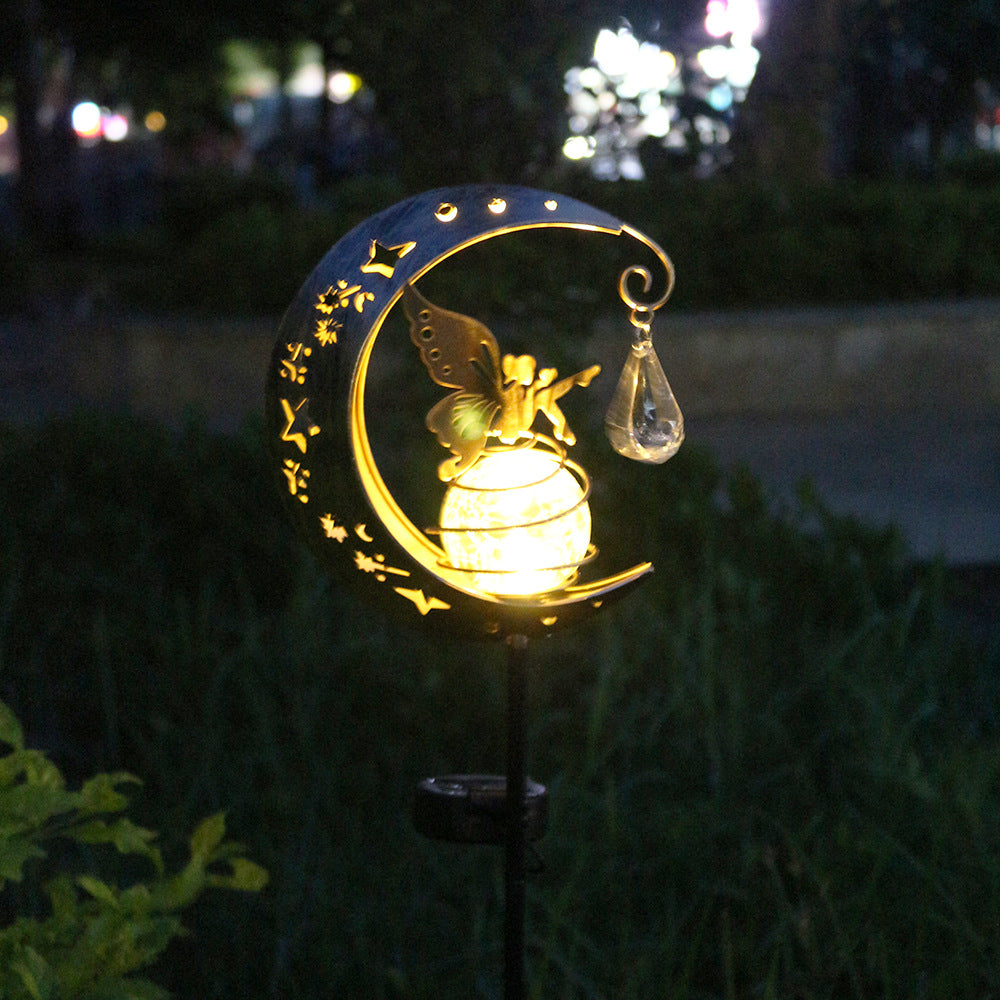 Crescent Moon Solar Garden Stake Light With Rotating Crackle Glass Orb And Butterfly Accent Bowlift