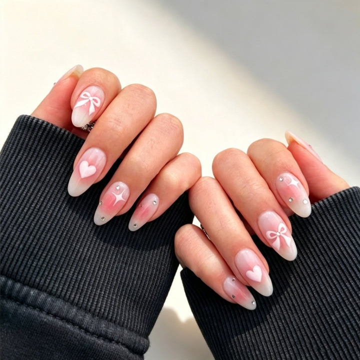 Decorative Press-On Nail Art Set with Heart and Bow Designs Bowlift