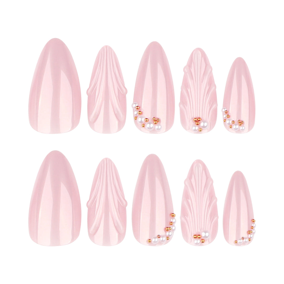 Elegant stiletto nails with shimmer design and pearl decorations Bowlift