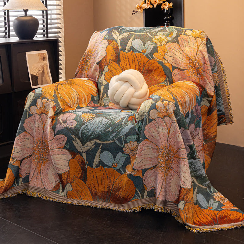 Oversized Cotton-Blend Jacquard Floral Throw Blanket with Fringed Edges Bowlift
