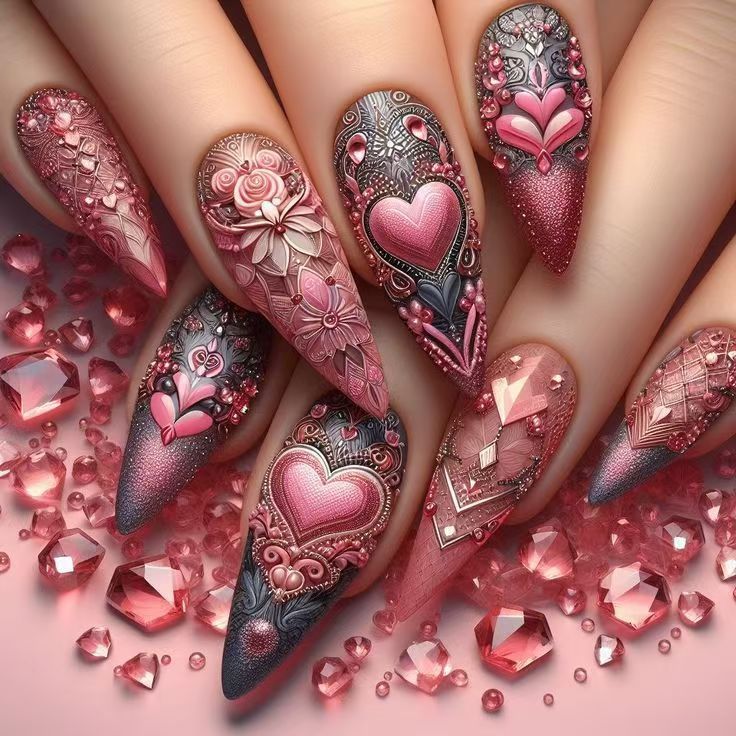 Artificial nail set with romantic 3D heart designs and luxurious embellishments Bowlift