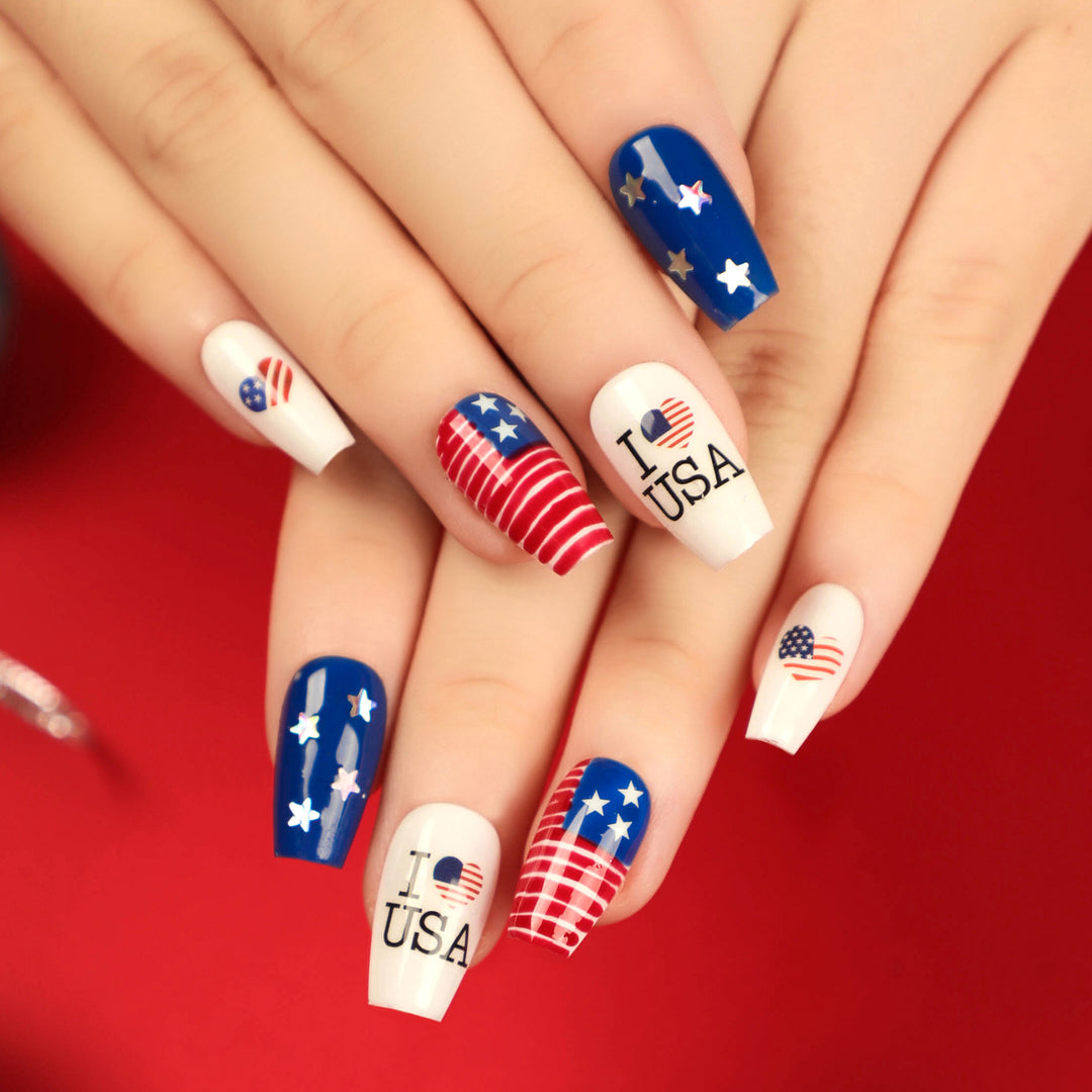 Women's nan long glossy patriotic press-on acrylic nails set with star and flag decals Bowlift