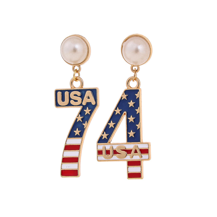 Ladies' eye-catching statement earrings with pearl stud and USA number pendant Bowlift