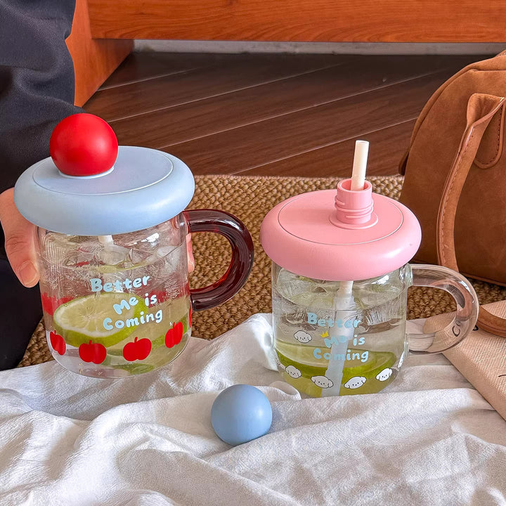 Women's glass drinking cup with silicone lid and integrated straw Bowlift
